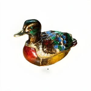 Mallard Duck Enamel Jeweled Trinket Box 2.5” Hinged Magnetic Closure